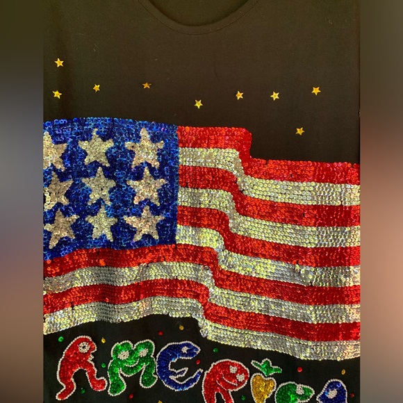Vintage Bali Chic Sequin America Flag Shirt Patriotic 90s Y2K July 4th One Size - Picture 2 of 11
